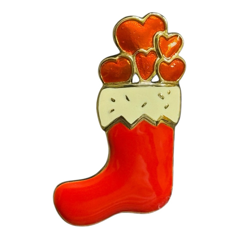Pin/Brooch. Red and Gold Heart Stocking Pin. 1 in x 1/2 in. Excellent Condition - Picture 6 of 6